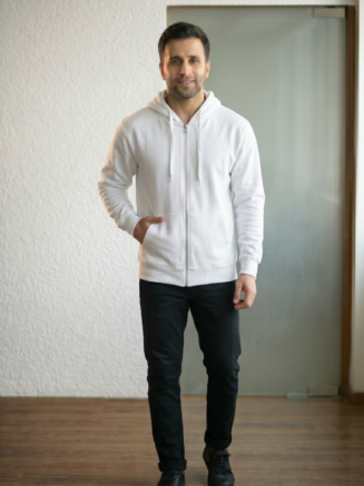White Melange Hoodie With Zip