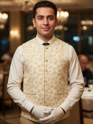 Restaurant Service Jacket Cream with Gold Pattern