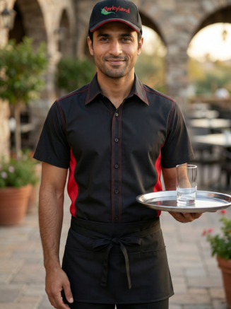 Restaurant Service Shirt Black with Red Trim - Half Sleeve