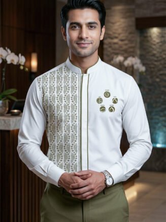 Front Office Kurta Male White with Printed Panel - Full Sleeve