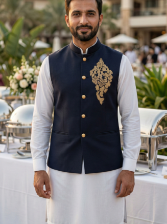 Restaurant Service Nehru Jacket Navy Blue with Gold Embroidery