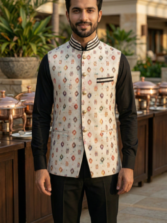 Restaurant Service Nehru Jacket Cream Printed