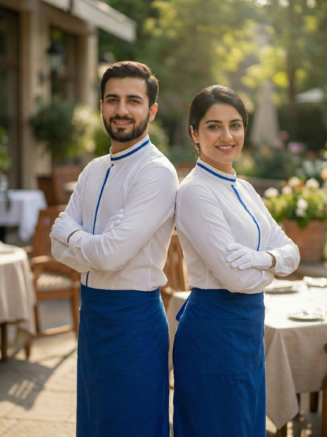 Restaurant Service Uniform White Shirt with Blue Apron
